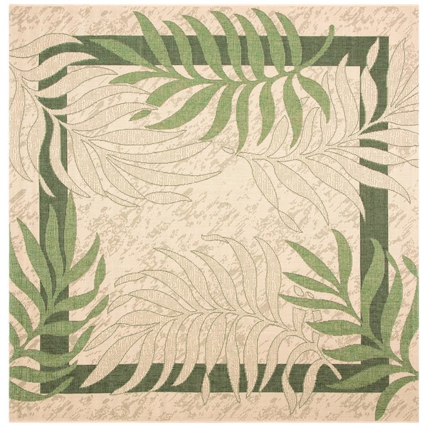 Courtyard Cream/Green 8 ft. x 8 ft. Palm Leaf Indoor/Outdoor Square Area Rug