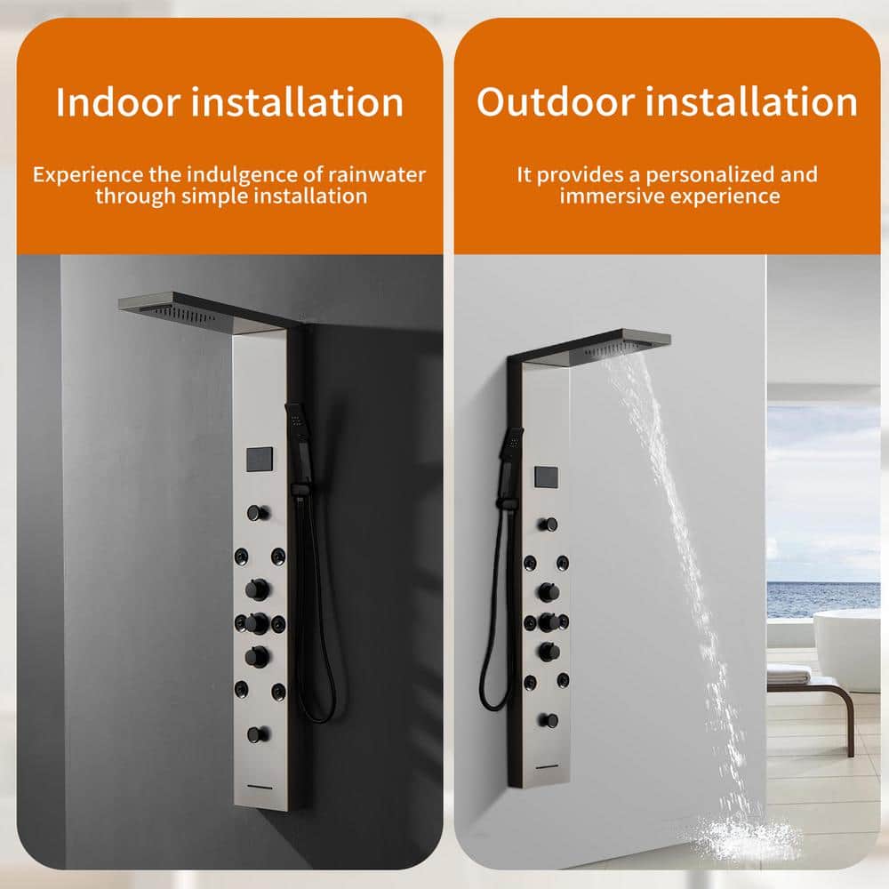 Brushed Nickel 8-Spray Rain Shower Panel System with Handheld Wand