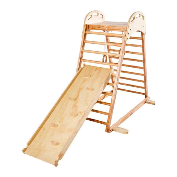 4-in-1 Wooden Indoor Playground for Kids, Montessori Playset with Rock, Slide, Ladder Gym Rings, 220 lbs. Capacity Brown