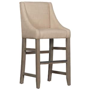 30 in. Beige and Brown Low Back Wooden Frame Bar Stool with Polyester Seat