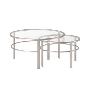 Gaia 36 in. 2-Piece Nickel Round Glass Top Coffee Table Set with Nesting Tables