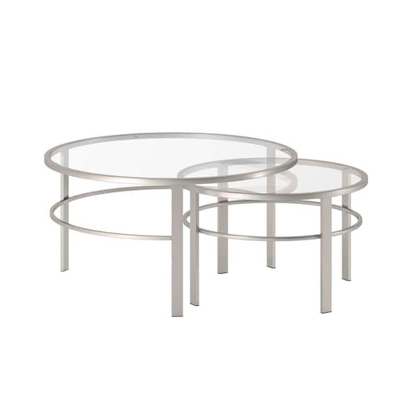 Meyer&Cross Gaia 36 in. 2-Piece Nickel Round Glass Top Coffee Table Set with Nesting Tables
