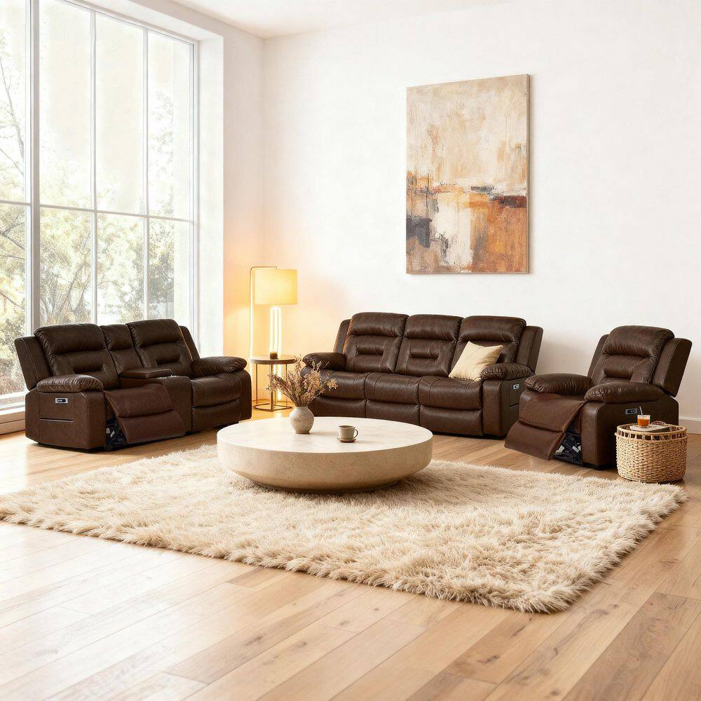 195.5 in Modular Design Power Recliner Faux Leather Sofa Set with USB&USB-C Charging in Dark Brown