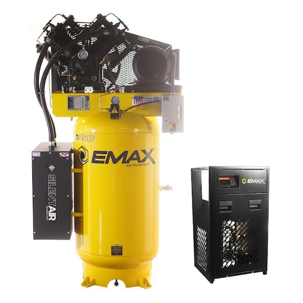 Silent Air Industrial E450 80 Gal. 175 psi Electric 7.5HP 31CFM 3-Ph 460V 2-Stage Stationary Air Compressor,30CFM Dryer