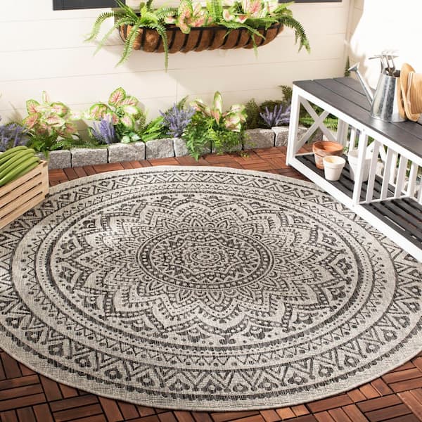 Courtyard Light Gray/Black 9 ft. x 9 ft. Round Medallion Indoor/Outdoor Area Rug