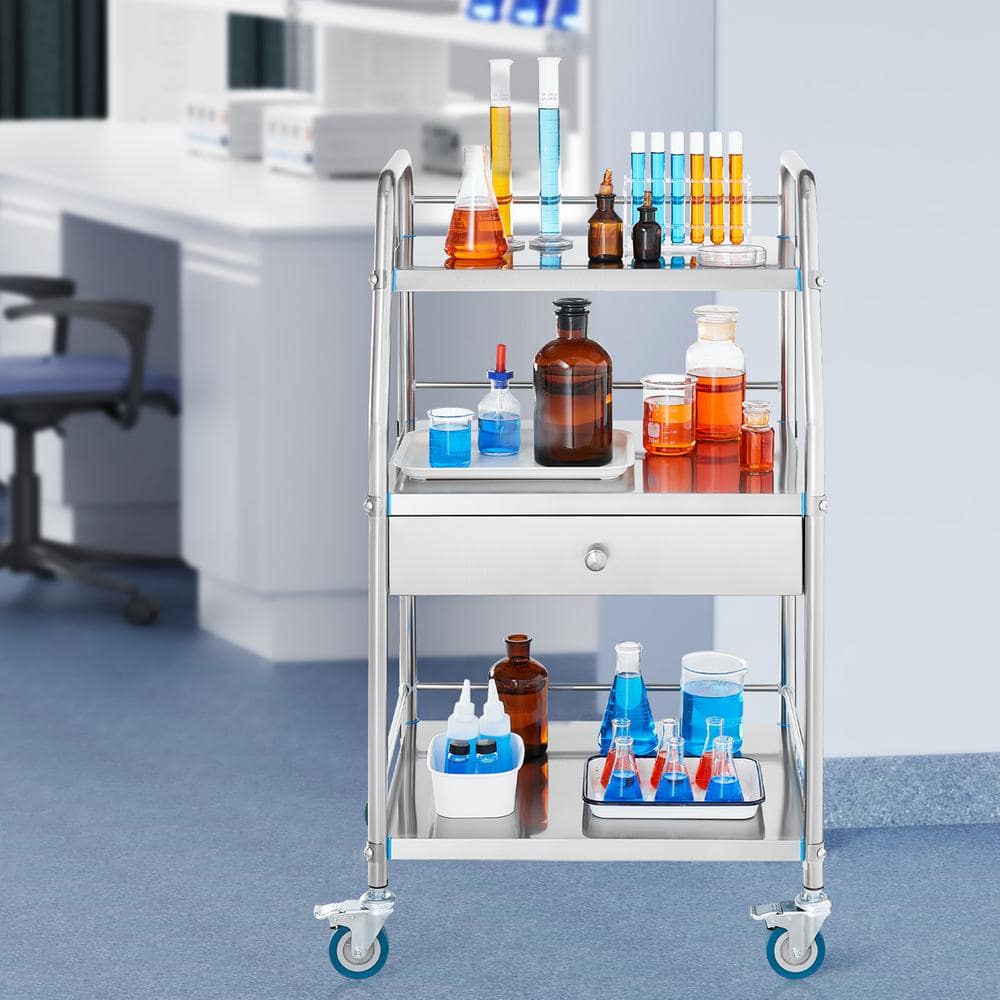 Silver Stainless Steel 3-Tier Mobile Lab Cart with Drawer