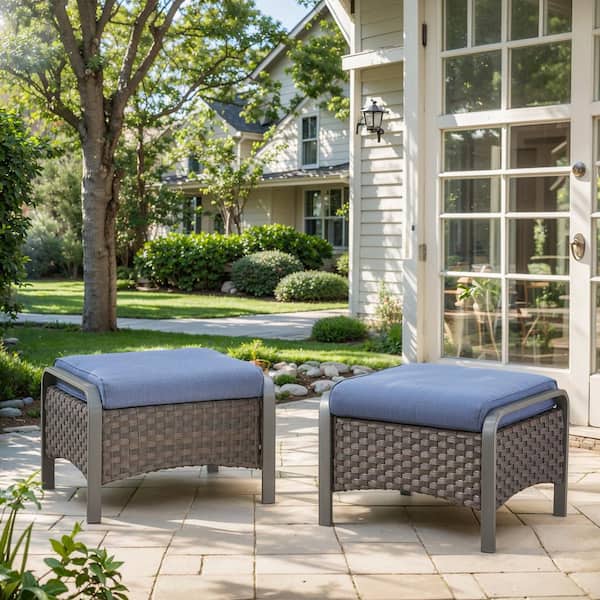 moosprr Farmhouse Brown Wicker Outdoor Ottoman with Blue Cushions and Edge Support Design (2-Pack)