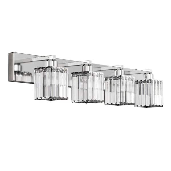 32 In. 4-Light Square Chrome LED Vanity Light with Crystal Shade for Bathroom