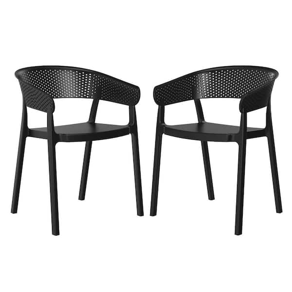 WESTIN OUTDOOR Frond and Form Outdoor Patio Poly Plastic Stacking Curved Back Dining Armchair (Set of 2), Black