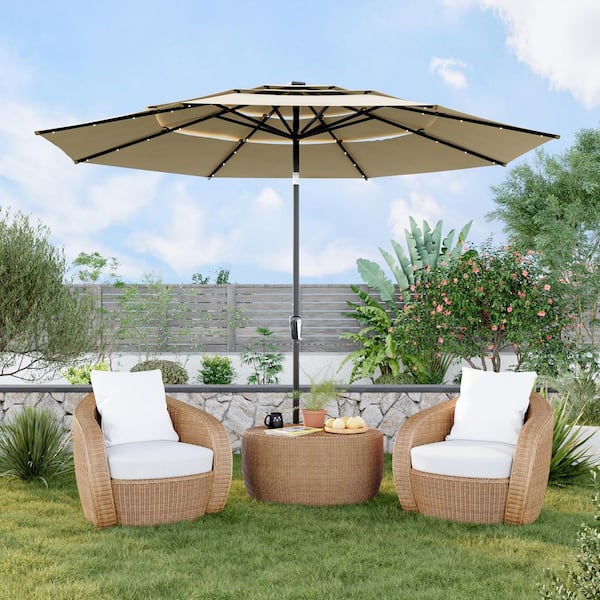 11 ft. 3-Tier Cantilever Umbrella with 32 Solar Lights, Outdoor Patio Umbrella for Backyard, Deck, Poolside in Khaki