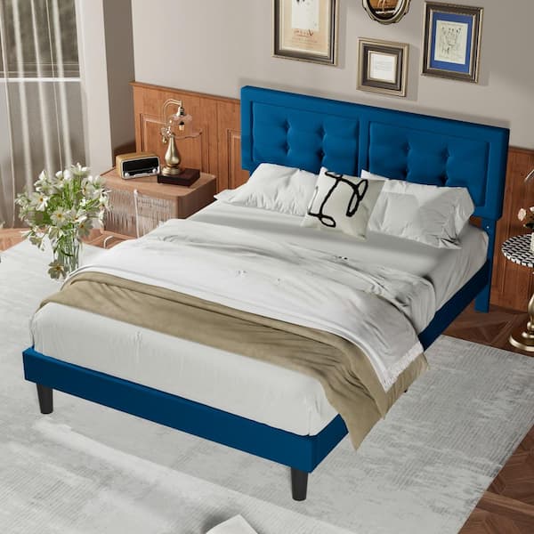 VECELO Upholstered Premium Platform Bed Frame，54.3 In. W，Blue Full Size ...