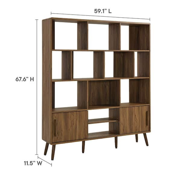 MODWAY Transmit 67 in. Tall Walnut Wood 14-Shelf Bookcase with