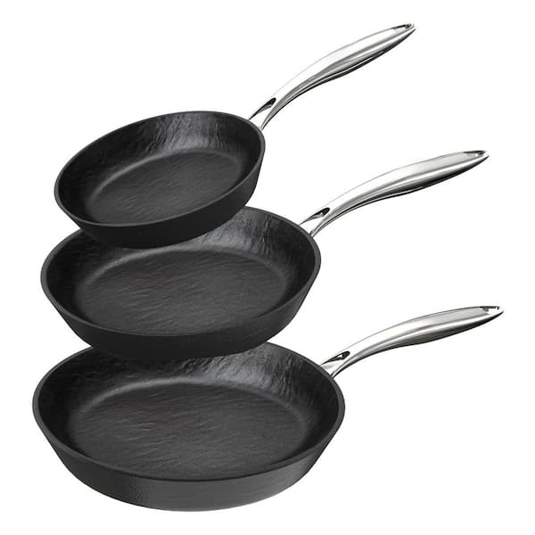3-Piece Stone Nonstick Frying Pan Set Aluminum Induction Compatible Stainless Steel Handle Dishwasher Safe