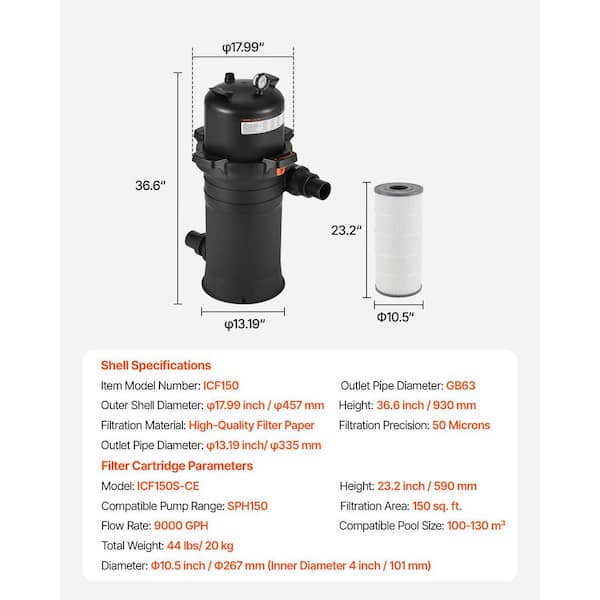 Ｊ VEVOR Pool Cartridge Filter, 150 sq. ft, High-Efficiency Pool