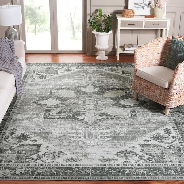 Tuscon Dark Sage/Ivory 8 ft. x 10 ft. Machine Washable Border Distressed Area Rug