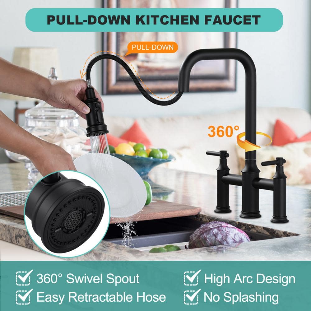 Matte Black Dual Handle Bridge Kitchen Faucet with Pull-Down Spray