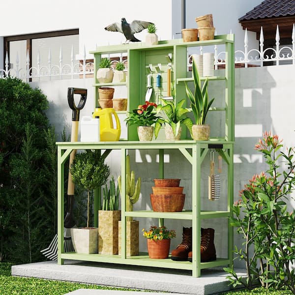 wayofatry 64.6 in. Large Outdoor Potting Bench, with 6-Tier Shelves and Garden Potting Table, Green