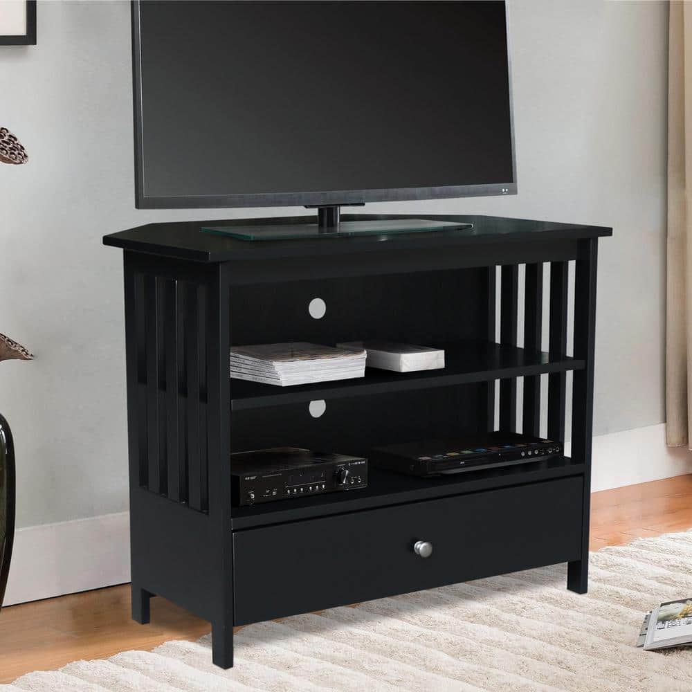 Black Solid Wood Corner TV Stand with Drawer and Shelves