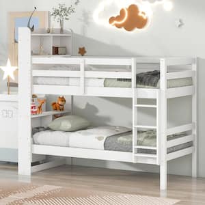 Solid Wood Frame White Twin Over Twin Bunk Bed with Bookcase Headboard