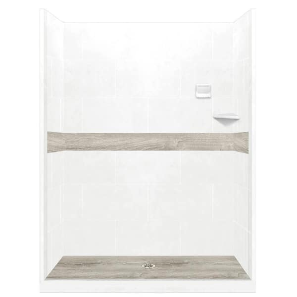 American Bath Factory Sterling Oak Pan and Walls 34 in. x 60 in. x 80 in. Center Drain Alcove Shower Kit in Natural Buff and Nickel Hardware