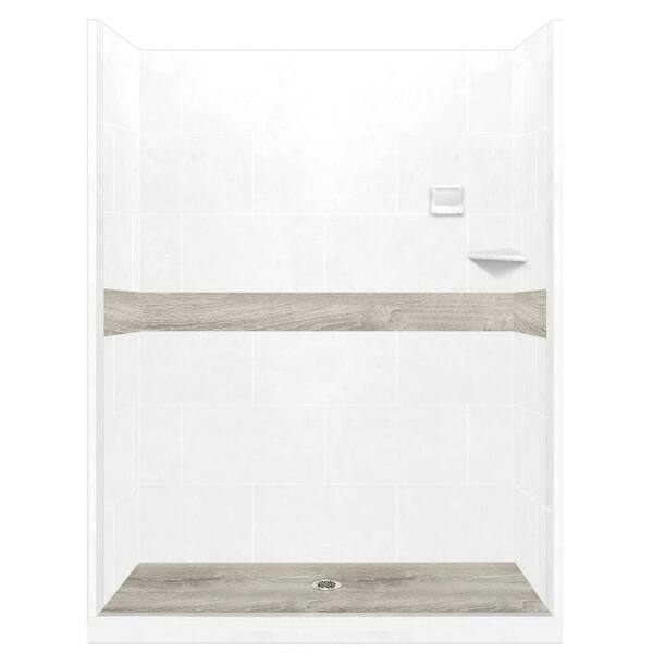 American Bath Factory Sterling Oak Pan and Walls 42 in. x 60 in. x 80 in. Center Drain Alcove Shower Kit in Natural Buff and Nickel Hardware