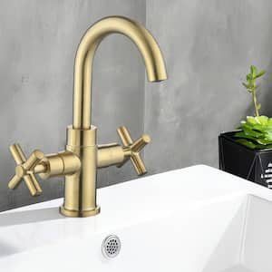 Modern Double Handle Single Hole Brass Bathroom Faucet with Push-Up Pop-Up Drain in Brushed Gold