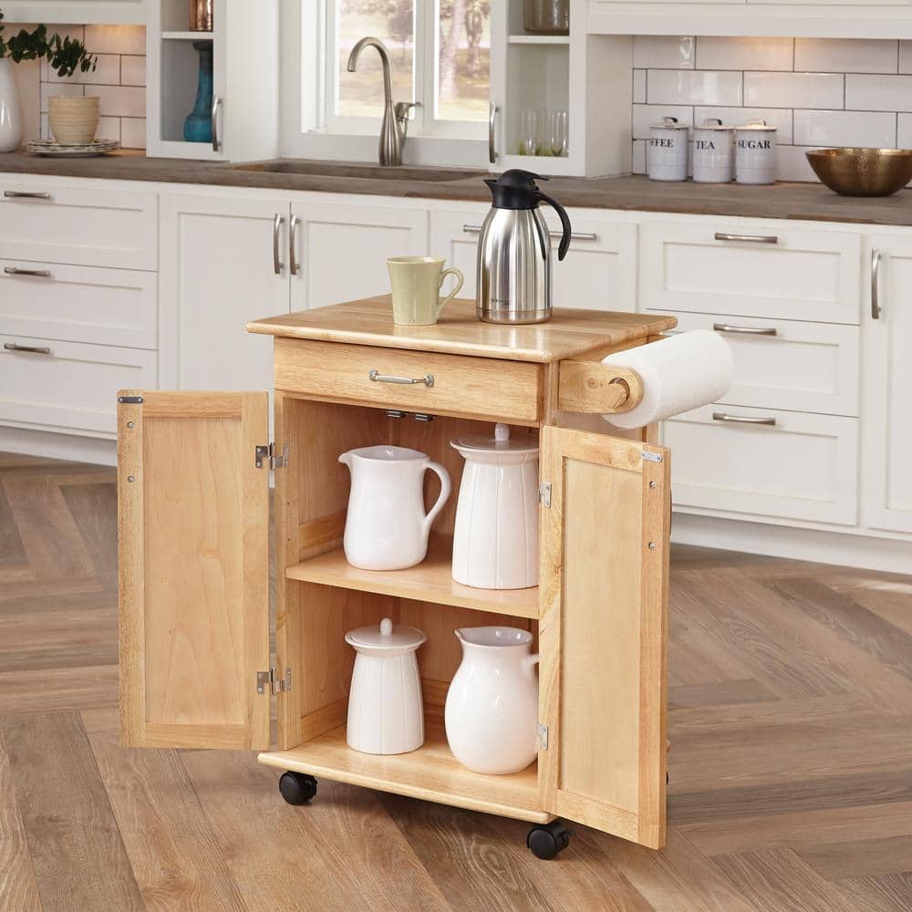 Natural Wood Rolling Kitchen Cart with Storage and Towel Bar