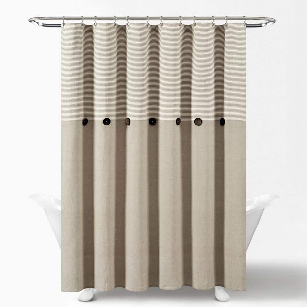 Beige Linen Button Striped Woven Cotton Shower Curtain