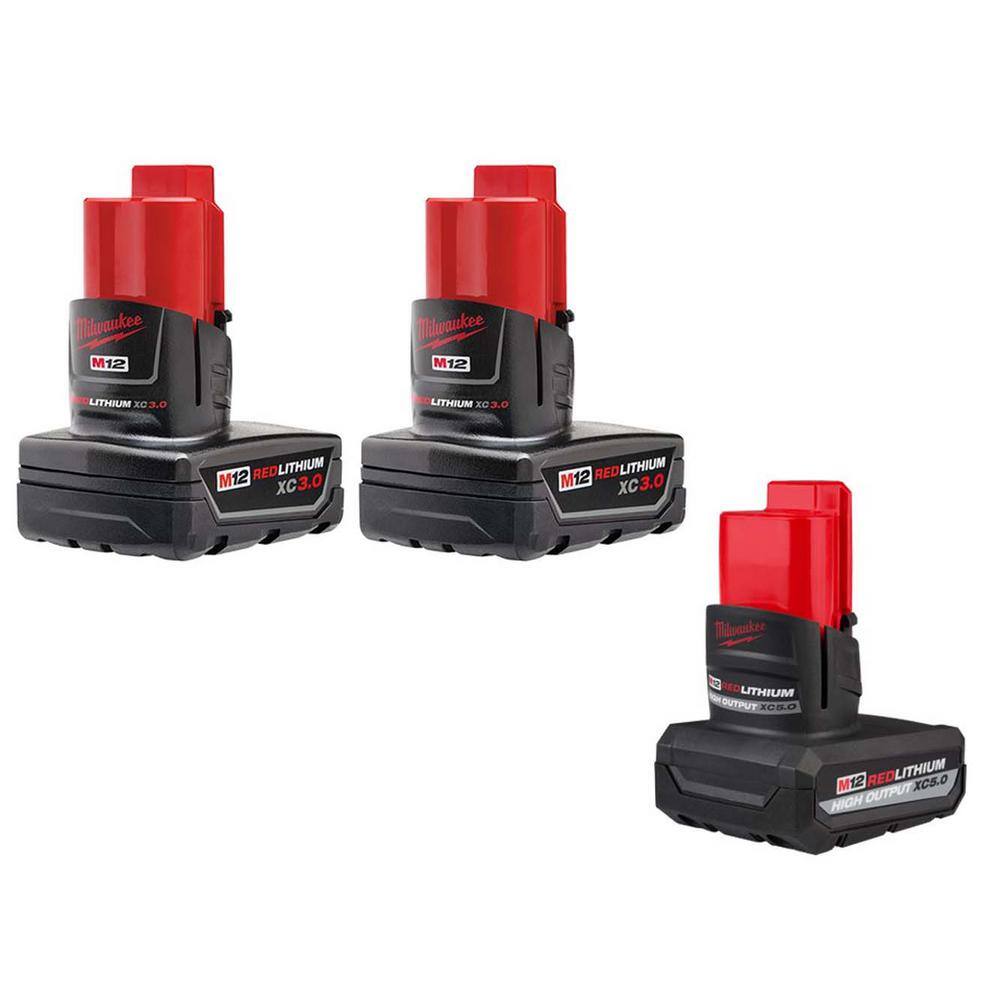Milwaukee M12 12-Volt Lithium-Ion XC Extended Capacity 3.0 Ah Battery Pack (2-Pack) and M12 XC High Output 5.0 Ah Battery Pack 48-11-2412-48-11-2450 - The Home Depot