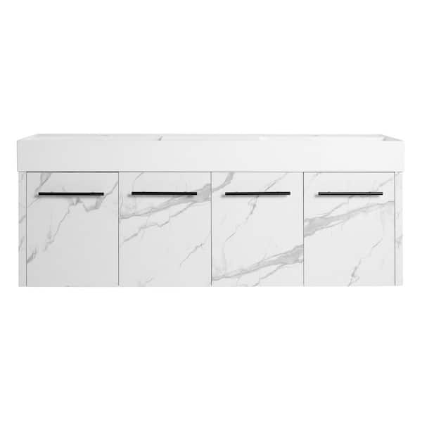 60 in. Wall-Mounted Double CarraraWhite+White Bath Vanity with White Resin Top Unassembled