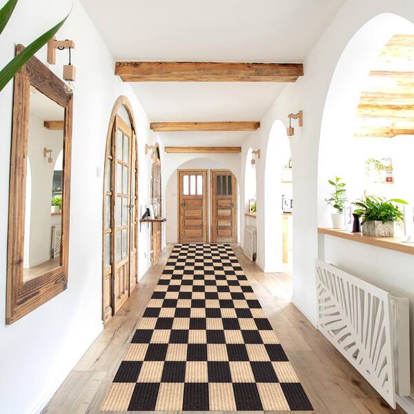 Heavey Duty Checkered Black and Beige 31 in. W x 36 ft. L Indoor/Outdoor Runner Rug