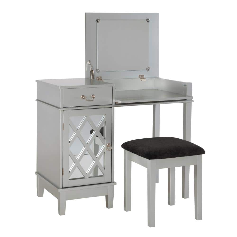 Lattice Silver Vanity Set with Mirrored Accents and Matching Upholstered St