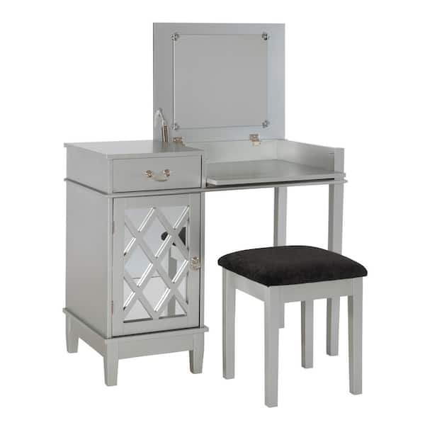 Linon Home Decor Lattice Silver Vanity Set with Mirrored Accents and Matching Upholstered Stool