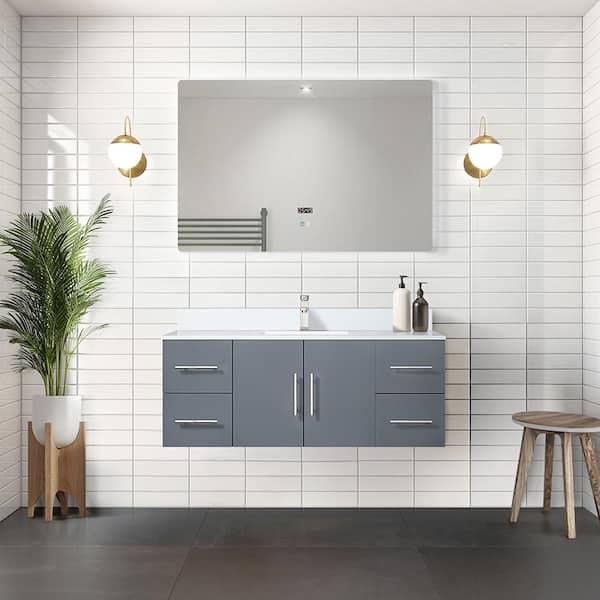 Lexora Geneva 48 in. W x 22 in. D Dark Grey Bath Vanity, White Quartz Top, Faucet Set, and 48 in. LED Mirror