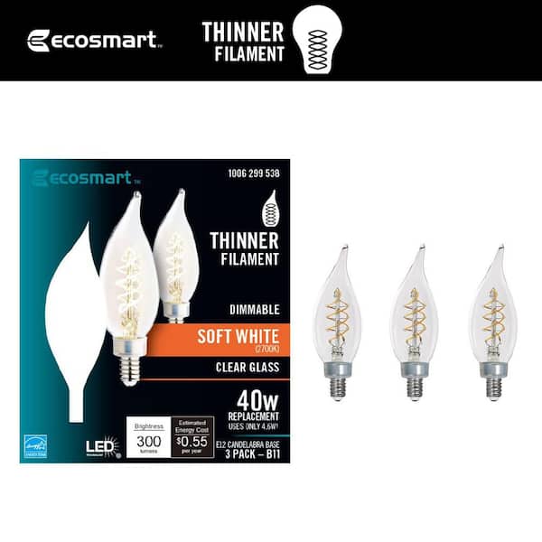 EcoSmart 40-Watt Equivalent BA11 Dimmable Candelabra E12 Fine Bendy Filament LED Vintage Edison Light Bulb Soft White (3-Pack)