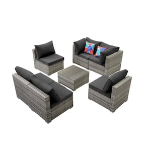 7-Piece Outdoor Gray PE Rattan Wicker Sofa Set Patio Conversation Set with Removable Black Cushions and Coffee Table