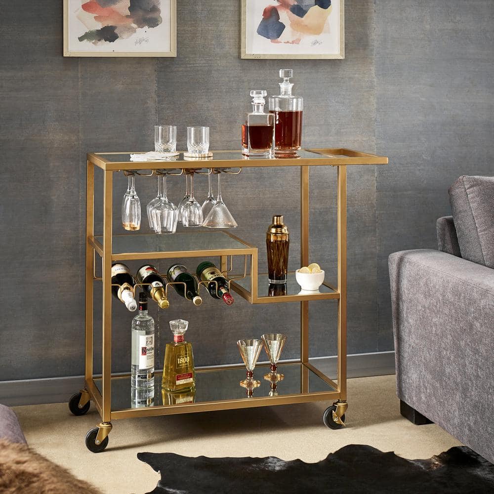 Home Decorators Collection Gold Leaf Metal and Glass Rolling Bar Cart with  Glass Top (30 in. W x 33 in. H) V174814-NP - The Home Depot