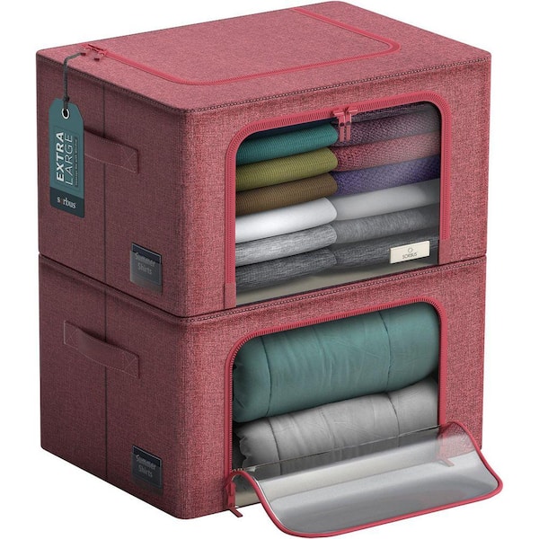 Pink 24 in. x 14 in. Fabric Decorative Box Set of 2, Jumbo Stackable Storage Bins with Metal Frame, Window, & Handles