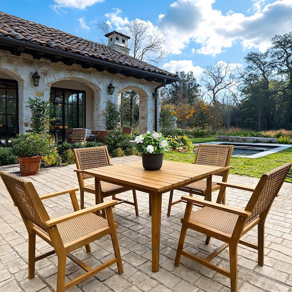 PHI VILLA Brown 5-Piece Outdoor Patio Dining Set with Acacia Wood Square Table and Acacia Wood Chairs