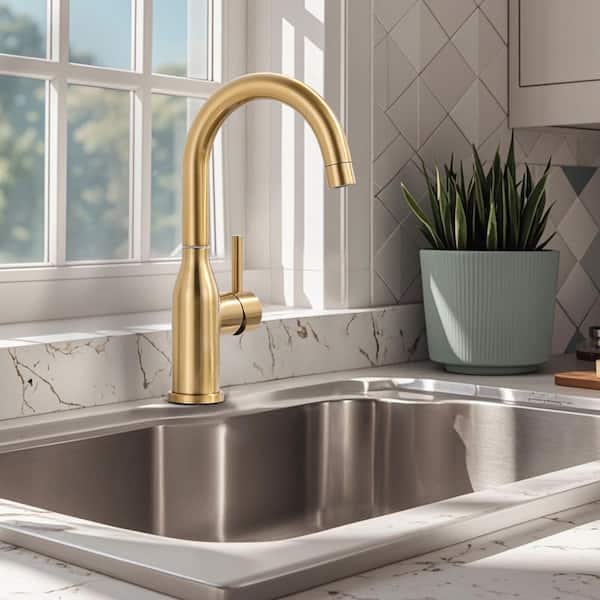 Stainless Steel 1-Hole Single Handle Bar Faucet with Water Supply Lines in Brushed Gold