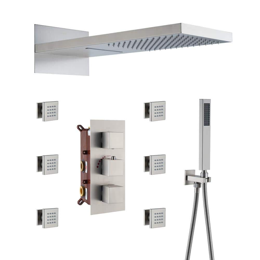 Large Brushed Nickel Dual Rain and Jet Shower System