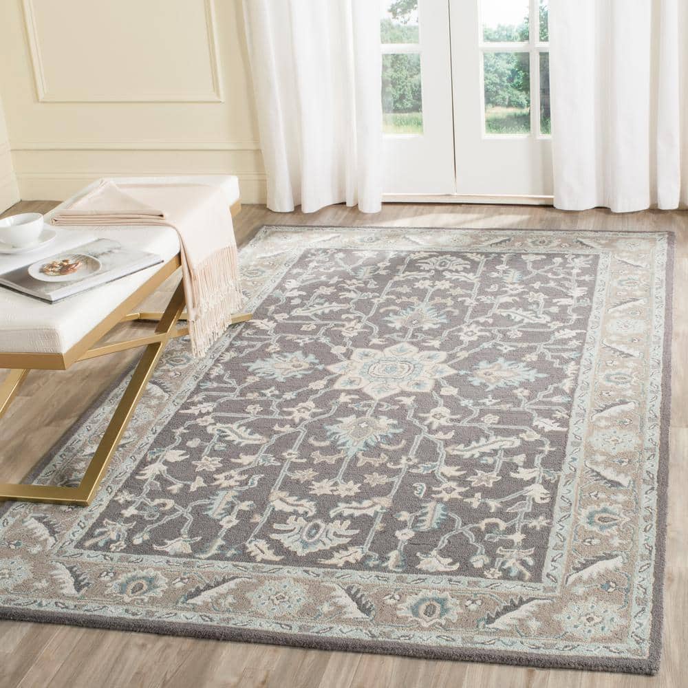 Blossom Dark Gray and Light Brown Floral Wool Area Rug, 6' x 9'