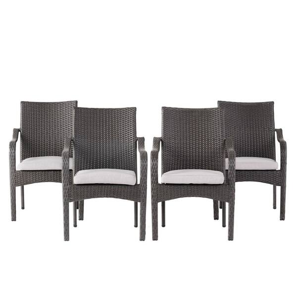 Iron Frame Outdoor PE Rattan Stacking Dining Chair with Grey Cushions (Set of 4)