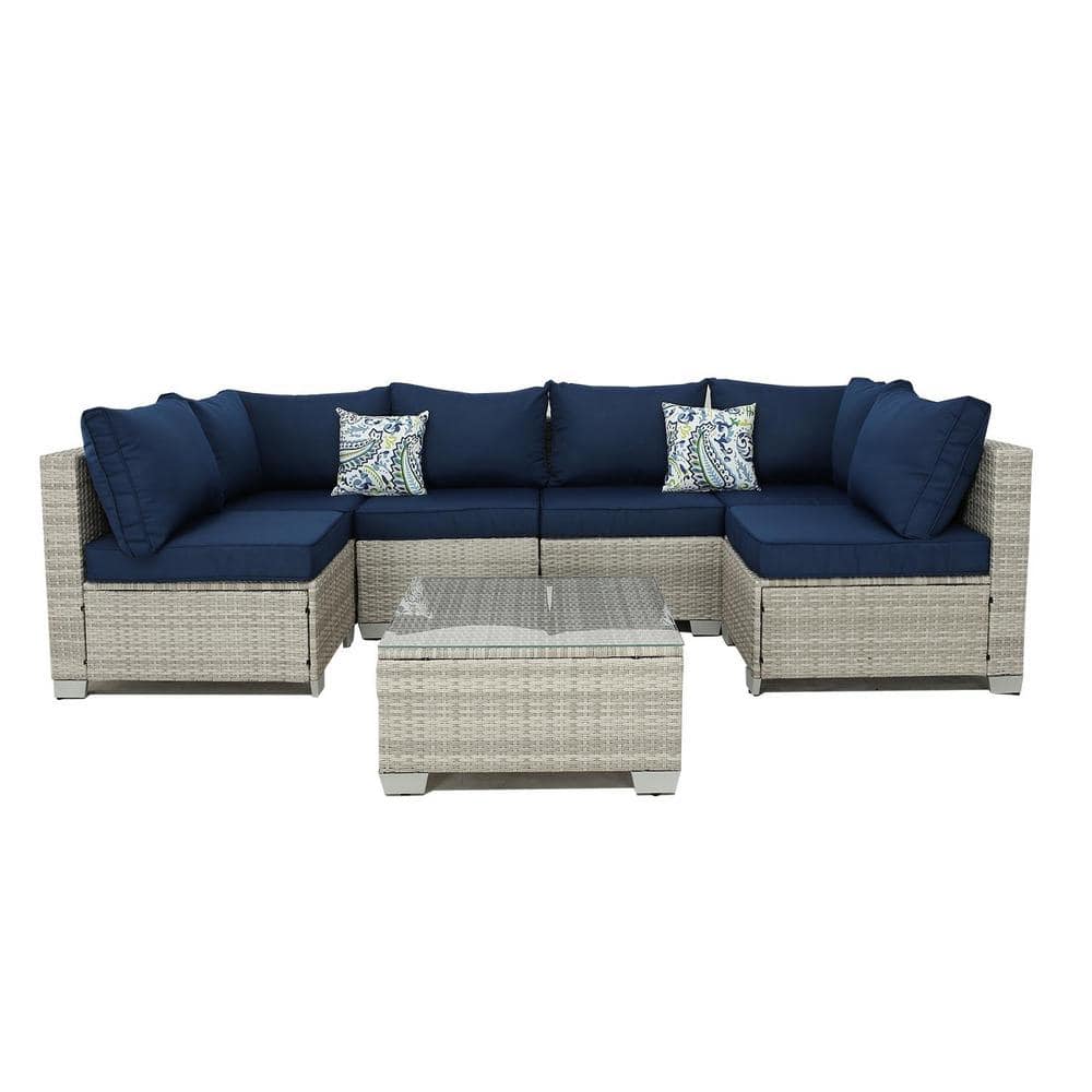 Light Gray 7-Piece Wicker Outdoor Sectional Set Sectional Sofa Set with Dar