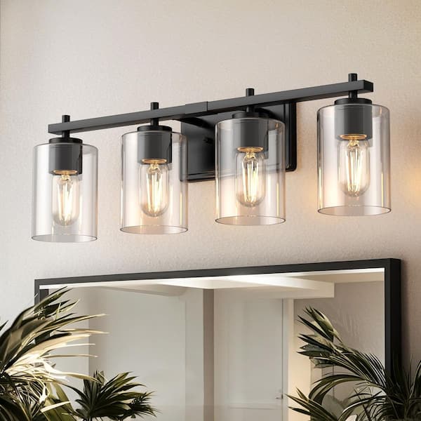 24 in. 4-Light Black Farmhouse Vanity Light with Clear Glass Shades for Bathrooms