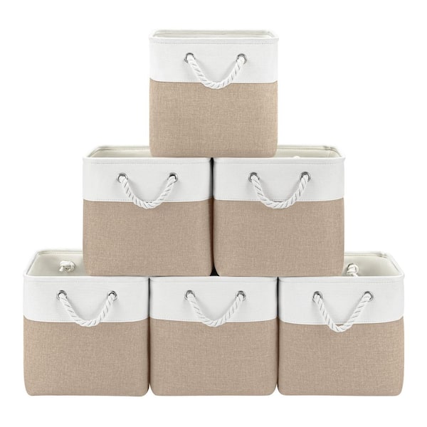 White & Khaki 11 in. x 11 in. Linen Fabric Cube Storage Bins Set of 6 with Rope Handles