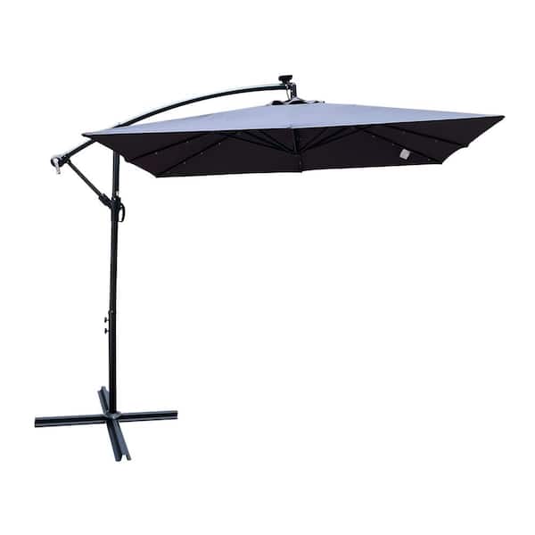 Sudzendf 8.2 ft. x 8.2 ft. Market Solar Powered LED Lighted Patio Umbrella in Anthracite with 8 Ribs, Crank, and Cross Base