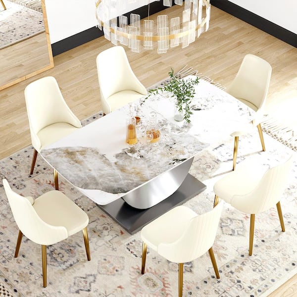Magic Home 79 in. Pandora Sintered Stone Dining Table with ith Stainless Steel U-Shape Pedestal (Seats 8)