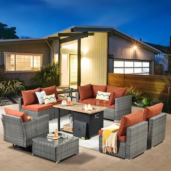 weaxty W Daffodil N Gray 10-Piece Wicker Patio Storage Fire Pit Conversation Set with Swivel Rocking Chair and Orange Red Cushion