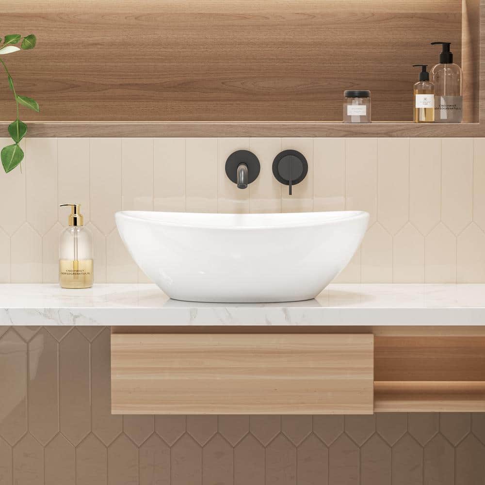 White Polished Ceramic Oval Above-Counter Vessel Sink